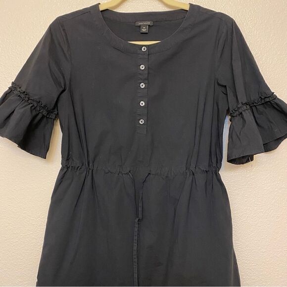Ann Taylor Black Solid Day Fit & Flare Dress ruffle 3/4 sleeve romantic goth XS - Picture 5 of 11